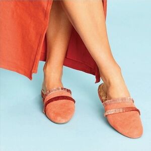 New! BIRDIES Ani Slide Coral Suede Fringe Mule Flats US 9
